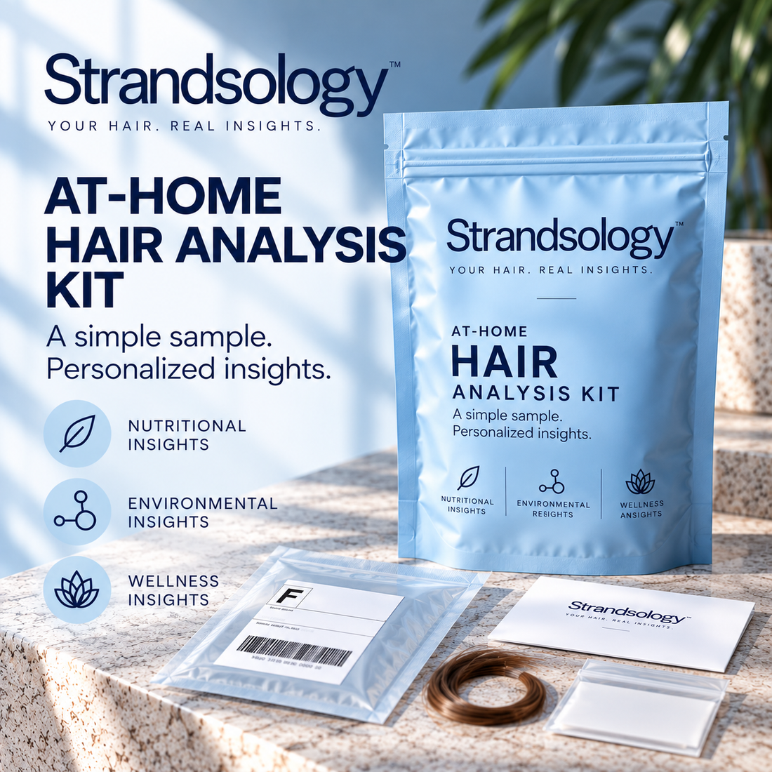 Strandsology kit contents: pouch, sample bag, instructions and prepaid return envelope